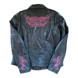 Womens Harley Davidson Leather Jacket Black with Pink Stitching Size Large